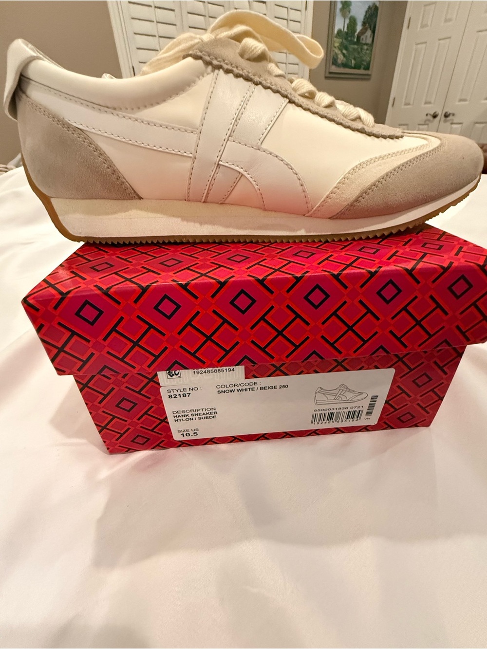 Tory Burch Cream & Beige Leather Suede Low-Top Sneakers - Picture 2 of 6